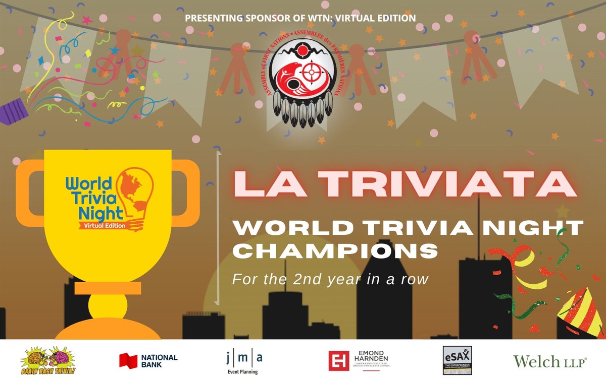 CAFOttawa's tweet photo. Congratulations to La Triviata for winning 1st place at World Trivia Night: Virtual Edition 🤩
---
Presenting sponsor: @AFN_Updates
Category sponsors: @nationalbank, @EmondHarnden, @eSAXnetworking, https://t.co/DtNBohjOBM, @brainbashtrivia, @WelchLLP
#WTN2020 #WorldTriviaNight https://t.co/NLj1Hsazjb
