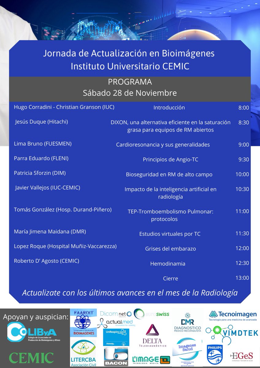 DeltaTelediagn1's tweet image. Los invitamos a la Jornada de Actualización de Bioimágenes del Instituto Universitario CEMIC.

Informes: cursosposgrado@iuc.edu.ar
Inscripción: lnkd.in/dzYygW3

#radiologia #procesamientodeimagenes #inteligenciaartifical #impresion3d