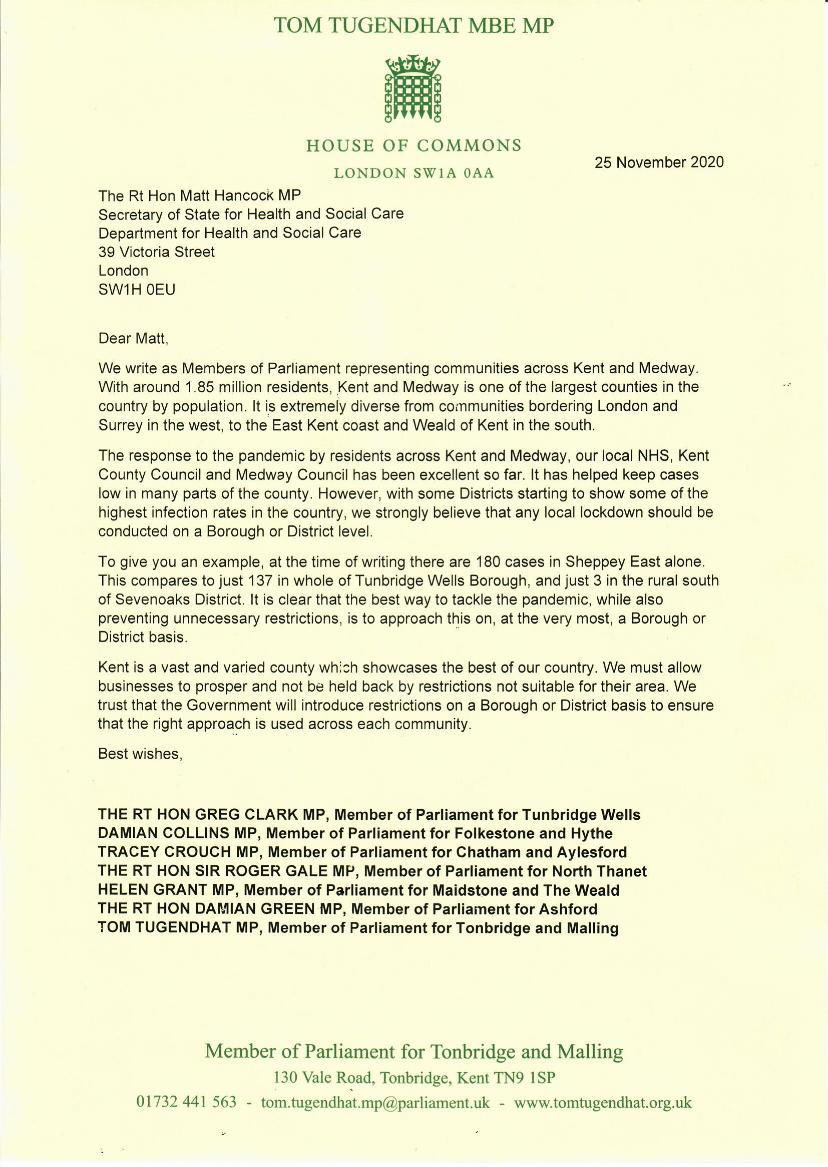 RtHonGregClark's tweet photo. Covid infections in #TunbridgeWells are about half the national average. It makes sense for tiers to be set at local, not County, level. Our letter to @MattHancock ⬇️ https://t.co/ie5jZ8Ur2b
