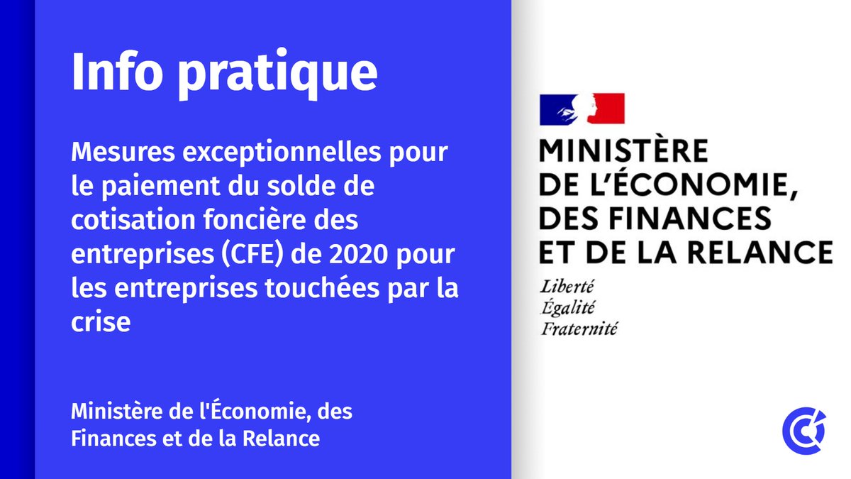 [POINT INFO 📌]

Les entreprises qui se trouveraient en difficulté pour payer leur CFE au 15 décembre 2020 peuvent obtenir, sur simple demande, un report de 3 mois de leur échéance.

En savoir + 👉 bit.ly/3m5VvCX

 #entreprises #territoires #NouvelleAquitaine