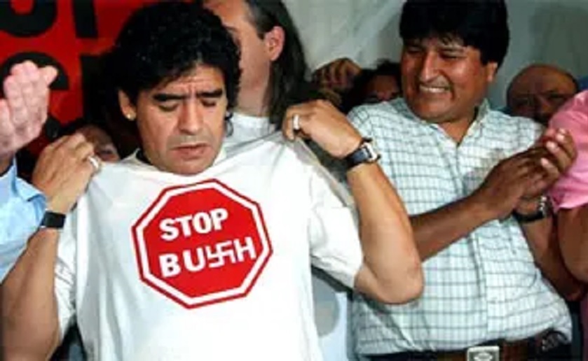 To protest US imperialism, Diego Maradona wore a shirt reading "Stop Bush" with the S as a Nazi Swastika, when he attended the Summit of the Americas in Argentina in 2005.President George W. Bush was attending, trying to push through a "free trade zone" to exploit Latin America