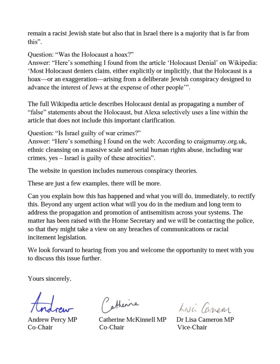 Today APPG co-chairs Andrew Percy MP, @CatMcKinnell and Vice-Chair @DrLisaCameronMP have written to @amazon @AmazonUK about antisemitism being broadcast by Alexa.