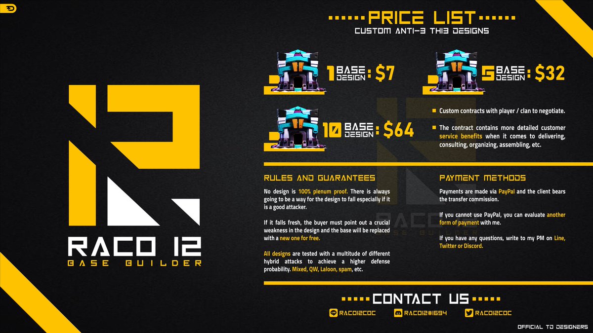 Tabla de precios del servicio de construcción de aldeas. 🛠️
Price table of the base building service. 💵

Redes sociales en la foto de abajo 💻
Social Networks on the picture down below 📲

No te quedes sin tu diseño. 🤩
Don't miss out on your desings. 🤑

Please ❤️ and RT. 🔥