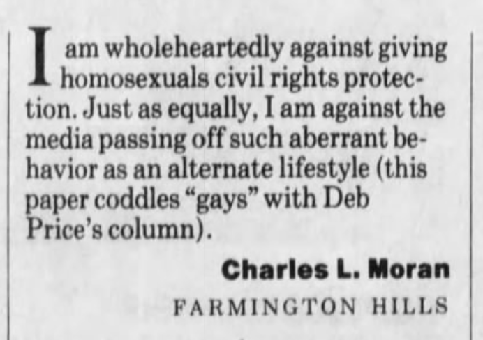 An openly gay columnist in 1992 generated the kind of negative response you might expect. When a paper started running Deb, the letters to the editor often featured one or more locals who viewed it as an endorsement of sin.(This was 5 years before Ellen DeGeneres came out.)