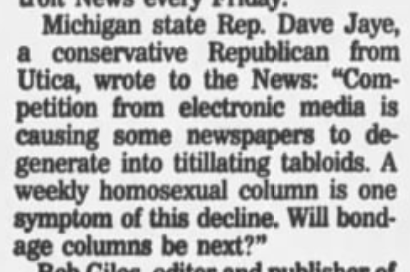 (One side note: One of the very first people to complain about the column was Michigan politician David Jaye, who called it a symptom of cultural decline. "Will bondage columns be next?")