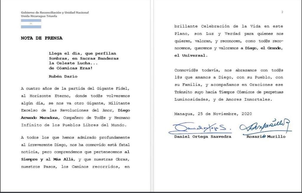 Las hipérboles y cursilerías que se están diciendo sobre Maradona compiten entre sí a ver cuál es más boba. Pero en retórica barata y basura literaria no hay quien les gane a la pareja dictadora de Nicaragua, Daniel Ortega y Rosario Murillo.