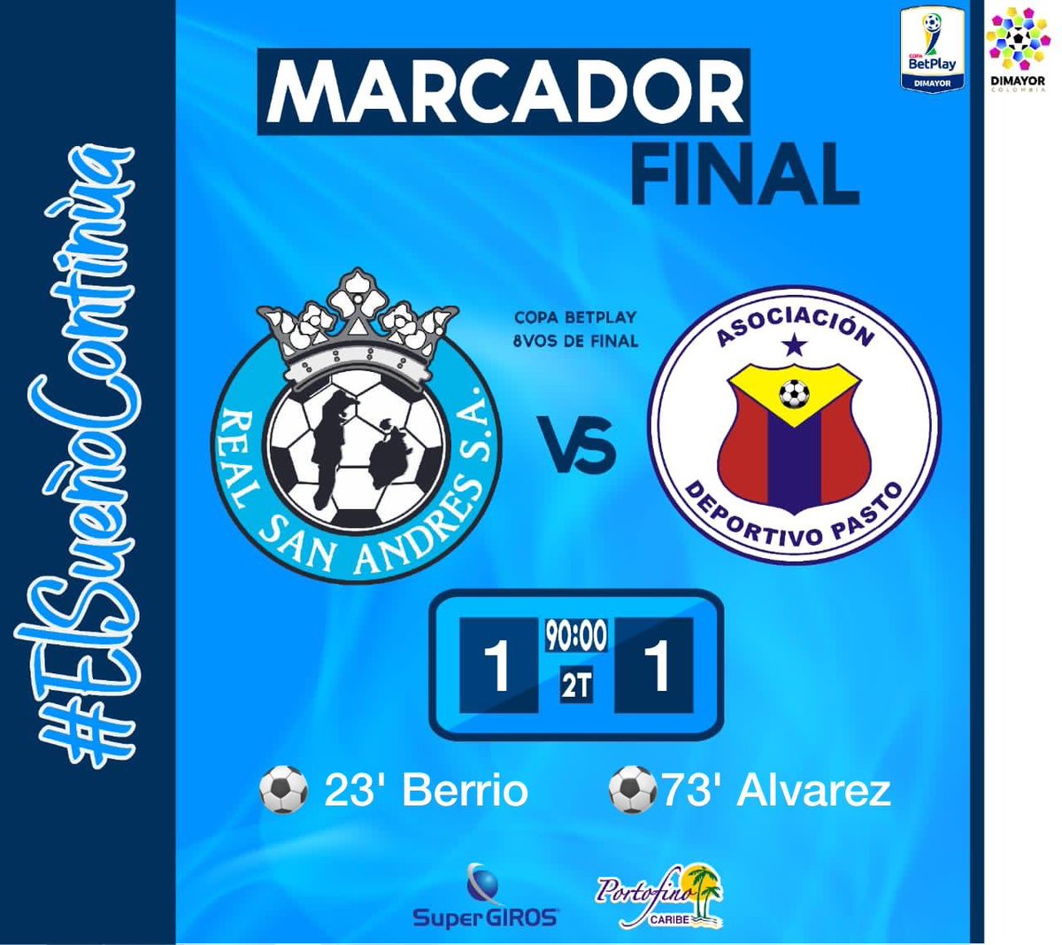 Real San Andrés Oficial (@oficialrsa) on Twitter photo ⏳ | Finalizan los 90' en el Erwin O’neill. Nos vamos a la tanda de penales. Vamoossss Real.
Real San Andrés 1 vs 1 <a href="/DeporPasto/">Asociación Deportivo Pasto</a>
#ElSueñoContinúa 💙🤍 ⏳ | Finalizan los 90' en el Erwin O’neill. Nos vamos a la tanda de penales. Vamoossss Real.
Real San Andrés 1 vs 1 <a href="/DeporPasto/">Asociación Deportivo Pasto</a>
#ElSueñoContinúa 💙🤍
