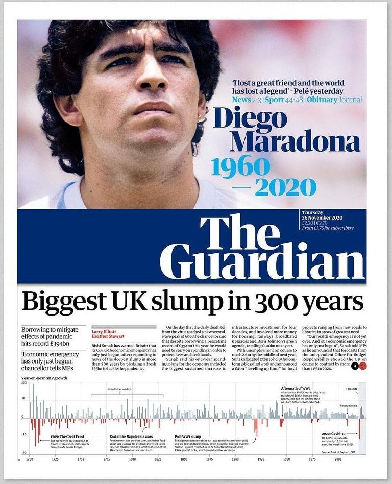 Sebastián on Twitter: "La mayor depresión económica en Inglaterra en 300  años comparte la tapa de The Guardian con el Diego. Así de grande es  Maradona.… https://t.co/RVzufXccGr"