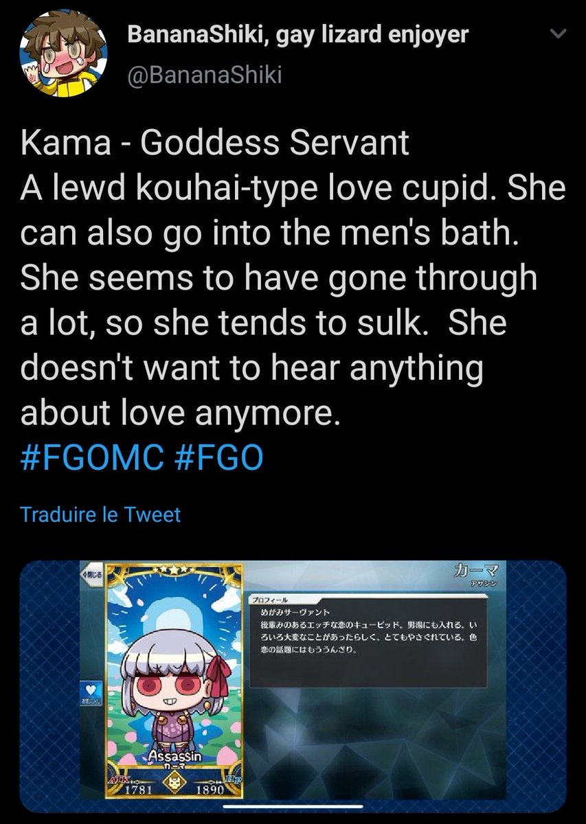  In the game, Kama's gender is set to "female" because of their human vessel, but they were originally a male god! The game+fgo mats also acknowledges this fact multiple times! So they are in fact: Genderfluid/Nonbinary/Genderless! Kamadeva says trans rights 