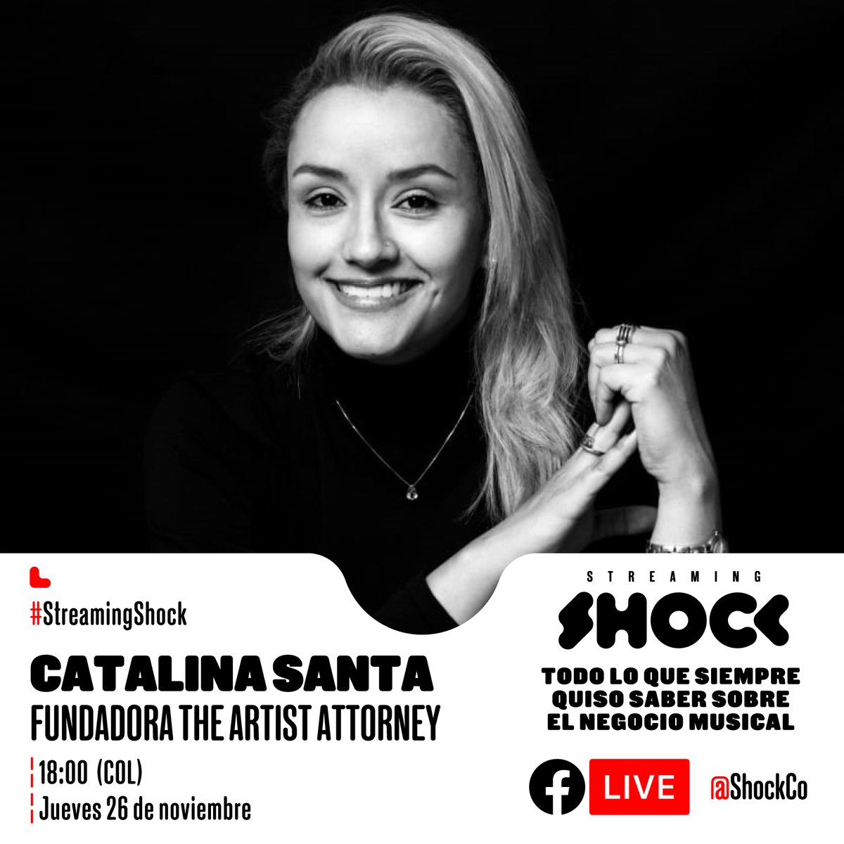 ShockCo's tweet photo. #StreamingShock | Estaremos en compañía de Catalina Santa fundadora de The Artist's Attorney &amp; autora del libro 'Music Business para todos'.

¡Los esperamos en nuestro Facebook https://t.co/qgB6FkYreV a las 18:00 (COL)! https://t.co/a48QHXWFnM