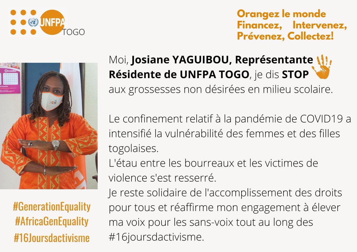 Adoptons une attitude "zéro tolérance" vis-à-vis de toute forme de violence à l'égard des femmes et des filles. La marche doit continuer malgré la COVID19. Engagement réaffirmé par la RR de <a href="/UNFPA_TOGO/">UNFPA Togo</a> à l'occasion des #16joursDActivisme 
#OrangezLeMonde
#AfricaGenEquality