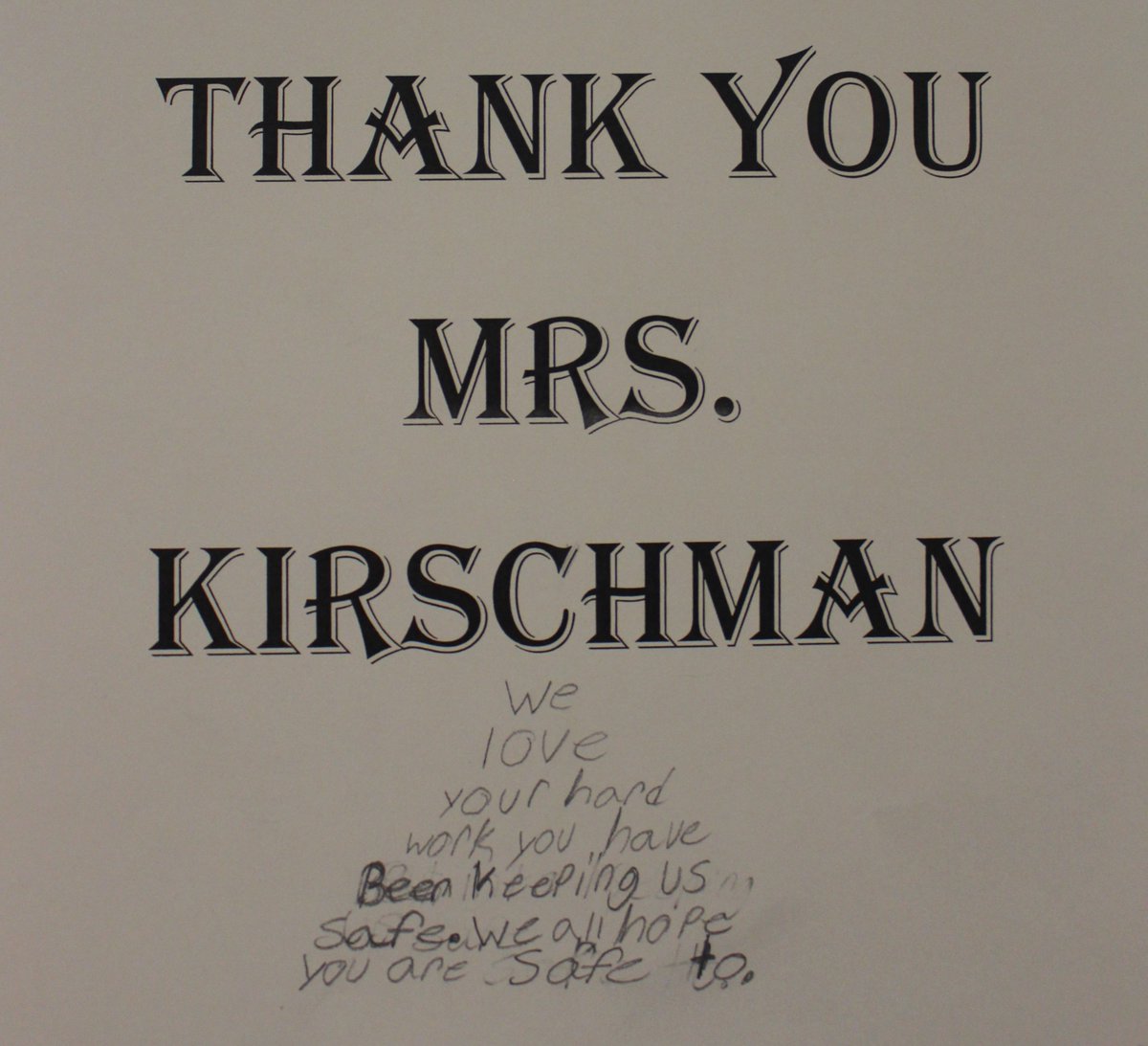jadeballek's tweet photo. Recognized the dedication of our school caretaker with a "Mrs. Kirschman Appreciation Day". Every K-12 student wrote a note of thanks (displayed in the hallways). Snow remover, germ-buster, smile maker - she really is amazing! #superhero #ruralprincipalperks @SunWestSD207 🥰 https://t.co/ZIGswggANG