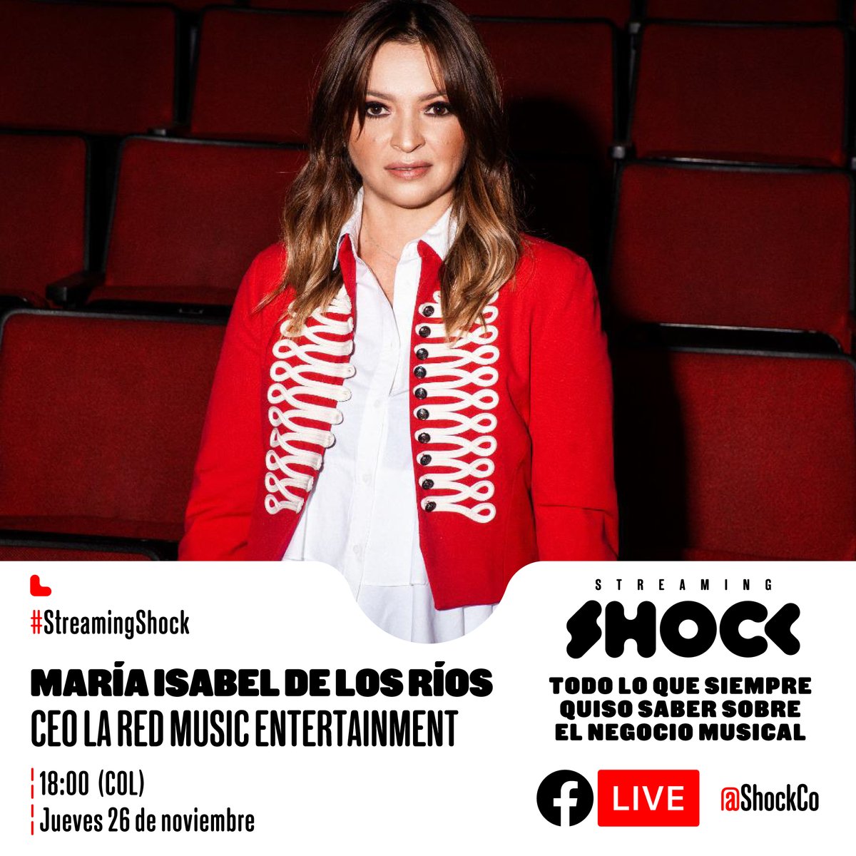 ShockCo's tweet photo. #StreamingShock | Y por último, también tendremos a @fromtherivers CEO La Red Music Entertainment &amp; fundadora de Rockstars &amp; Music Masters (Universidad Javeriana).

¡Los esperamos en nuestro Facebook https://t.co/qgB6FkYreV a las 18:00 (COL)! https://t.co/uk7hYNXana