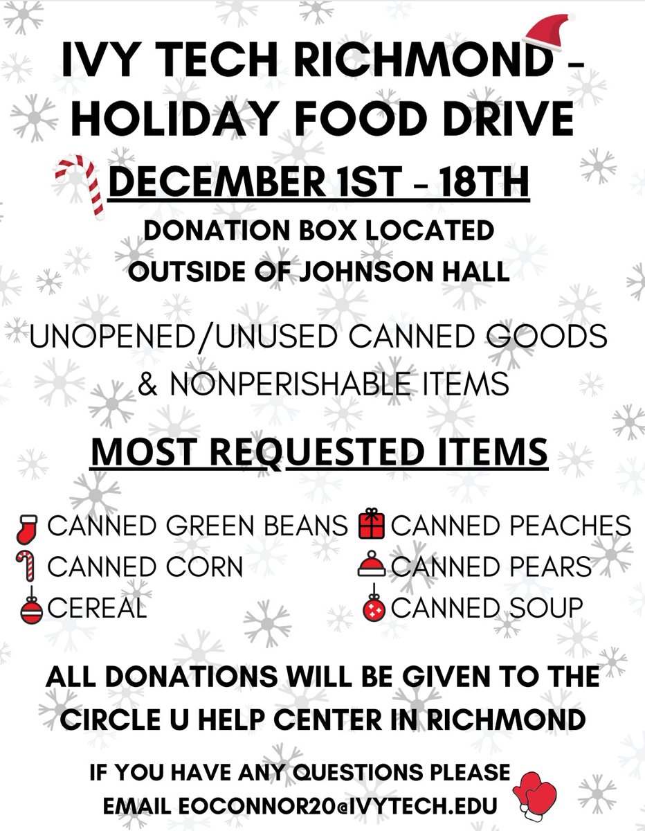 We can help each other, even while apart! Join us this holiday season as we work to provide food for those who need it now more than ever. The  box will be located outside of Johnson Hall! Drop off donations Dec. 1st -18th ❄⛄