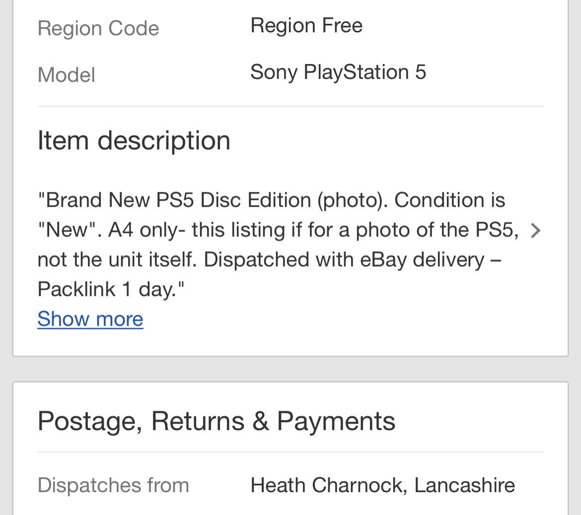 RingGeneral's tweet photo. Scammers are trying to con people into buying โPhotosโ of PS5โs on @eBay
Some people are just vile human beings. #GamersUnite #PS5 #PS5SCAM https://t.co/Xu9BXGnhXJ