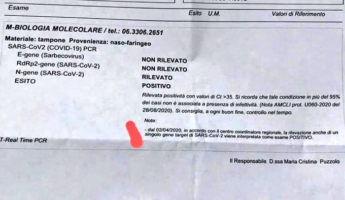 La nota de esta prueba de RT-PCR italiana dice "desde el 04/02/2020, de acuerdo con el centro de coordinación nacional, la detección de incluso un solo gen diana del SARS-CoV-2 se interpreta como una prueba POSITIVA" Medida modificada en todo el conjunto Europeo