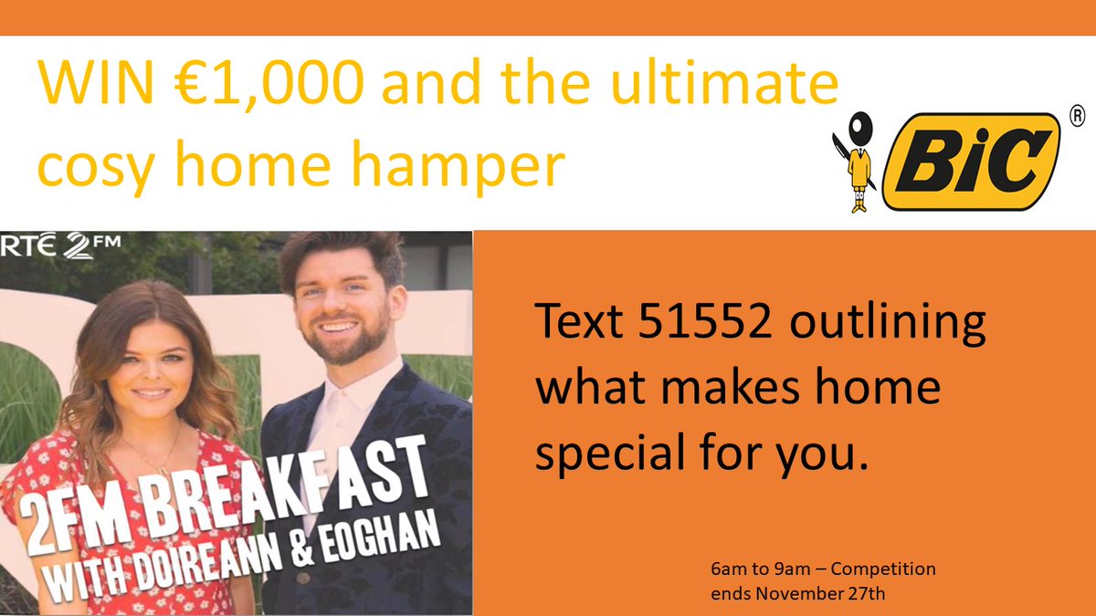 PrimelineSales's tweet image. Our brand partner @BICGroup have teamed up with 2FM to offer you a chance to win €1,000 and the ultimate cosy home hamper. Text Doireann and Eoghan in the morning on 51552 and let them know what makes home special for you. @RTE2fm #competitions #stayingathome