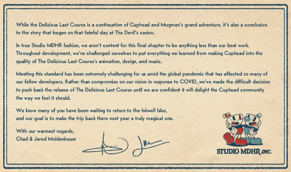 Cuphead: The Delicious Last Course sigue en desarrollo, pero se retrasa hasta 2021