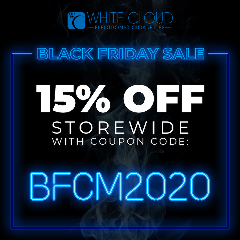 Since this has been the longest year ever, might as well start #BlackFriday shopping now and stock up on your favorite White Cloud #vapes  –  save 15% sitewide now through #CyberMonday - bit.ly/shopwhitecloud

#BlackFridaySale #Vape