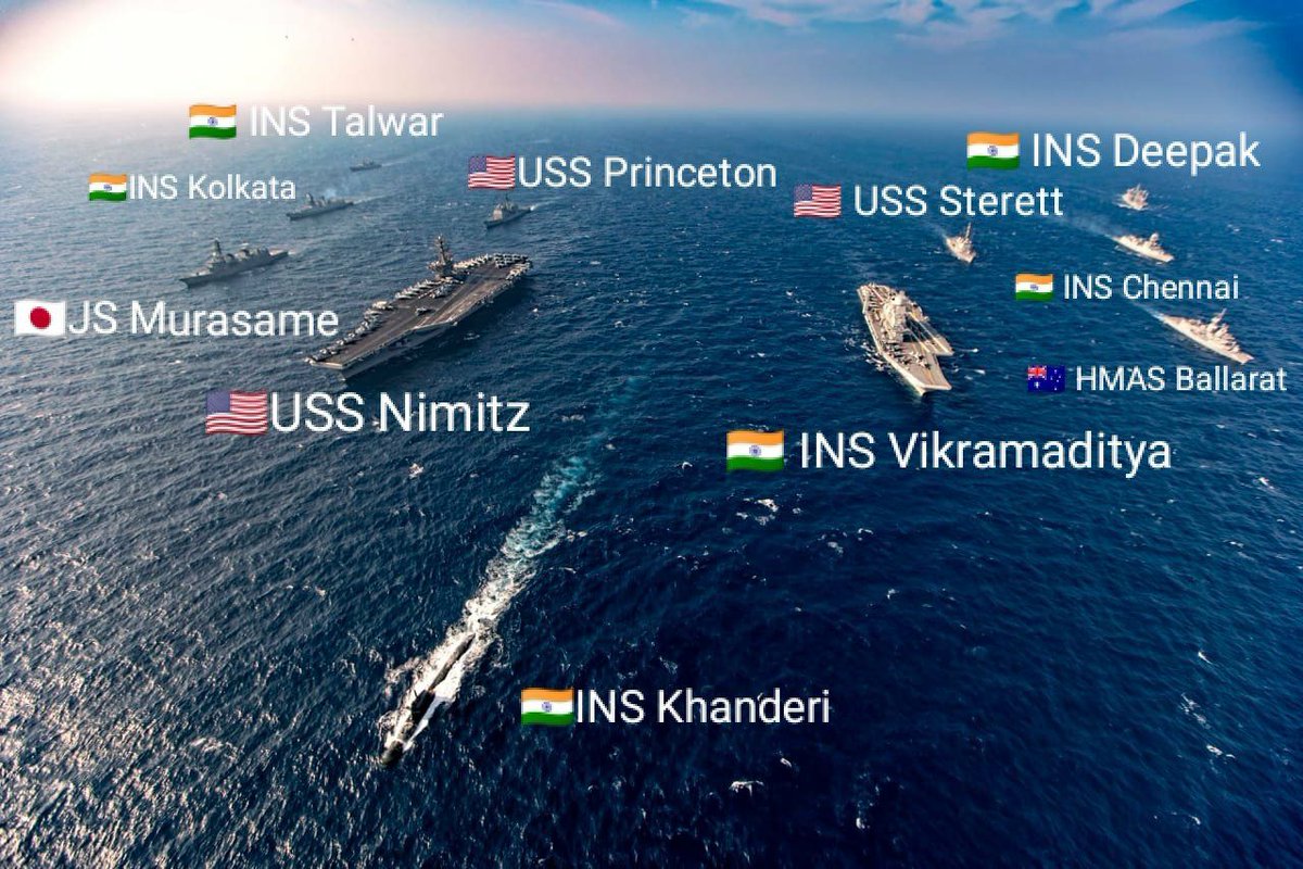 navalgroup's tweet photo. [#DIDYOUKNOW] ⚓ INS #Khanderi who played both prey and hunter roles in #Malabar2020 is the 2nd P75 #Scorpene submarine entirely made in 🇮🇳. #MakeInIndia
The 24th edition of #Malabar Exercise involved coordinated operations of increasing complexity between 🇮🇳🇦🇺🇯🇵🇺🇸 navies. https://t.co/GM5jVqlLID