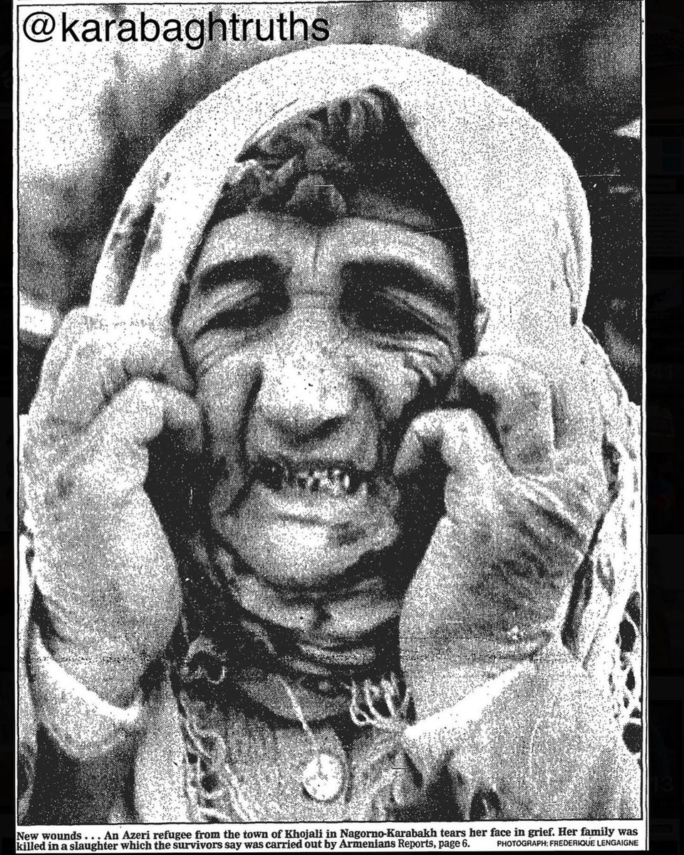 hjhjnnnnn's tweet photo. The Guardian, front page, 1992 - "Survivors tell of killings by Armenians in Azerbaijan enclave - An Azeri refugee from the town of Khojali in Nagorno-Karabakh tears her face in grief. Her family was killed in a slaughter [carried out by Armenian forces]
#DontBelieveArmenia https://t.co/LZTQg2tuqu