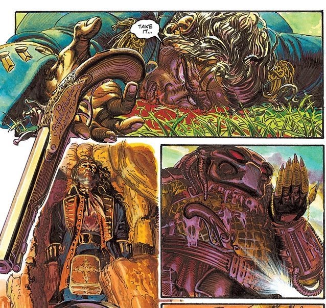 Septimofriki's tweet photo. ¿ Os acordáis la pistola (1715) de que los Predators entregan al personaje de Danny Glover al final de #PredatorII por ganar su batalla contra uno de ellos? Esta historia tuvo continuación en un cómic de apenas 9 pág y ahora podriamos ver esta historia en la nueva precuela. https://t.co/s4VQ6j7cza