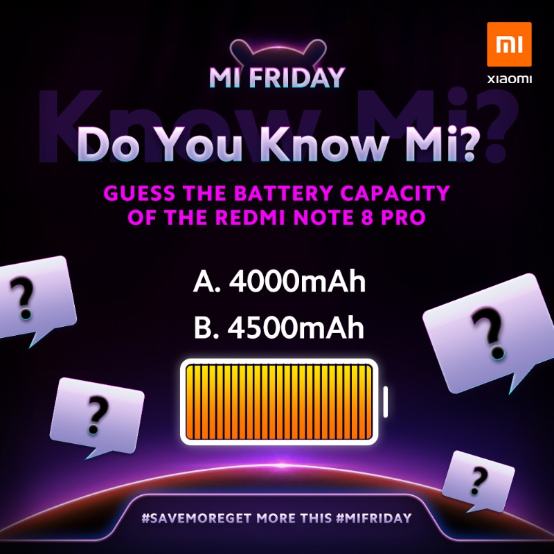 XiaomiUK's tweet photo. #KnowMi Question 3: #RedmiNote8Pro comes with a ______ battery. 🔋

Save up to £110 on the device this #MiFriday! https://t.co/t8zQgCC34U

#SaveMoreGetMore #LiveToCreate #5GForEveryone https://t.co/KRE7GrYwMr
