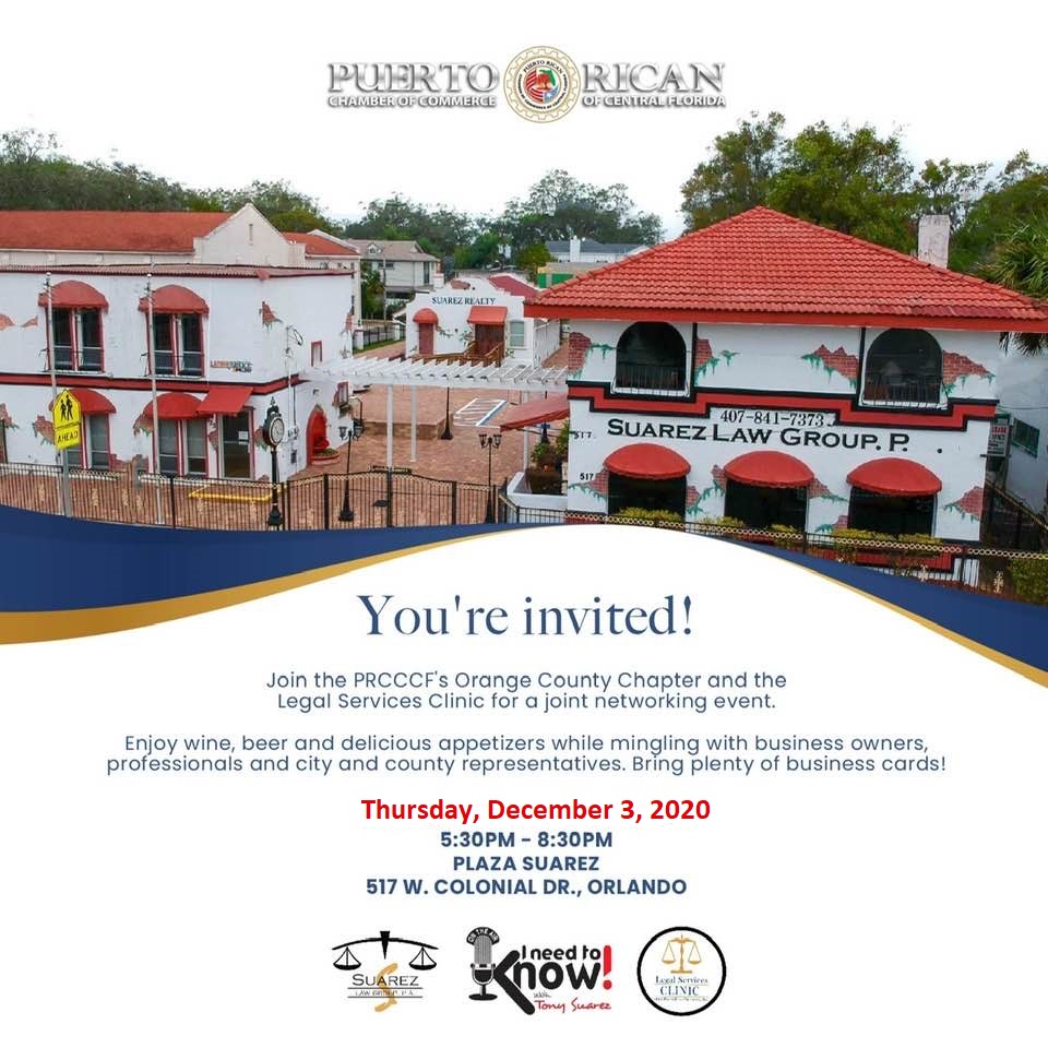 PRChamberCFL's tweet photo. Join us at our joint #networking event with the #LegalServicesClinic at #PlazaSuarez.

Enjoy appetizers, wine and beer while mingling with #businessowners and #professionals.
**This is an outdoor event.**
https://t.co/Chnvfd20Q1
#PRCCCF #smallbusiness #centralflorida #WearAMask😷 https://t.co/EhXN6mNfeU