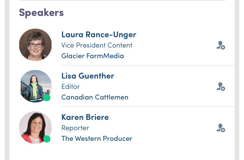 Hear from three of our ag media journalists - <a href="/LtoG/">Lisa Guenther</a>, <a href="/kjbriere/">Karen Briere</a> and <a href="/rance_laura/">Laura Rance</a> - at #AWCA2020 this afternoon at 3:05 p.m. MT / 4:05 p.m. CT.

Access the virtual event: advancingwomenconference.ca

<a href="/CanCattlemen/">Canadian Cattlemen</a> <a href="/westernproducer/">The Western Producer</a> <a href="/advancing_women/">Advancing Women in Agriculture</a>  #westcdnag #cdnag