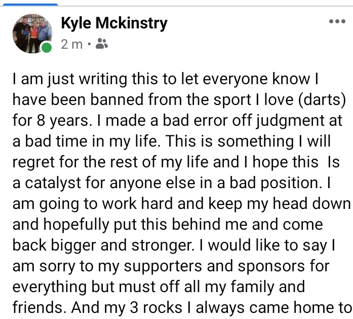 CarterDarts's tweet photo. Kyle Mckinstry gets a 8 year ban. Harsh or not? https://t.co/04EjQq1WkK