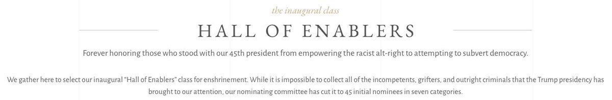 DJTrumpLibrary's tweet photo. PRESS NOTICE:

We are unveiling "Hall of Enablers" voting for our inaugural class to open vote. The voting happens on the website and is locked after one vote by IP. 

https://t.co/b65ywOLSJK

Screen shots below of some details.

Voting closes Saturday 11/28, but may be extended. https://t.co/cBPKXlDHpv