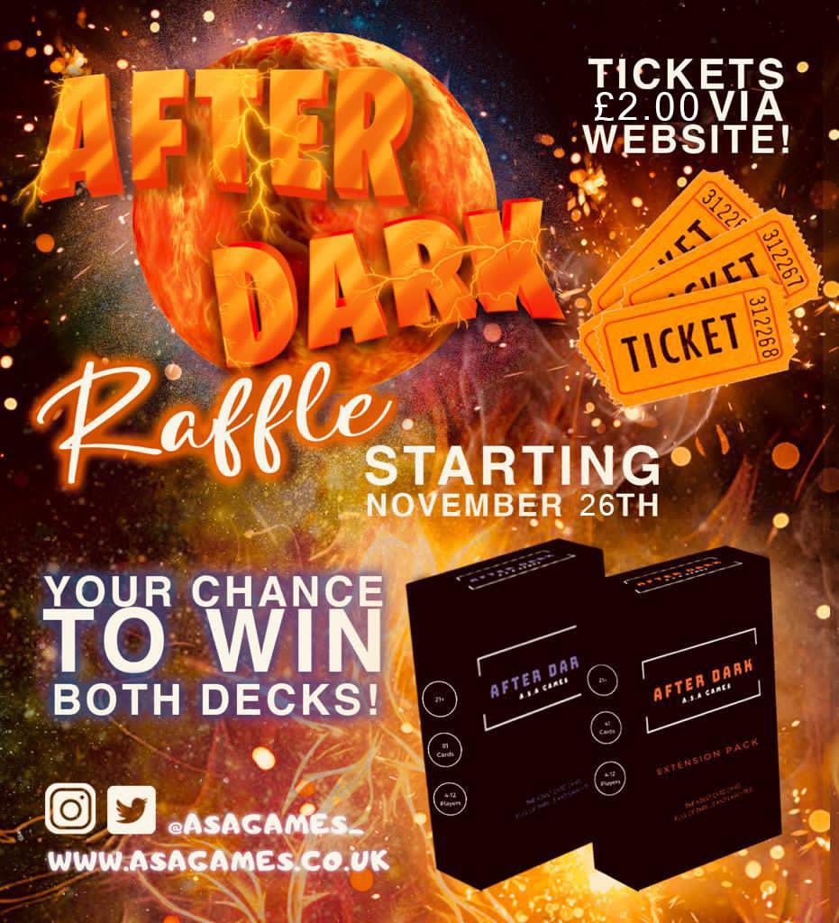 ASAGAMES_'s tweet image. RAFFLE TIME! 🎟🥳

One lucky winner has the chance of winning both the original deck of After Dark &amp;amp; the Extension pack once it’s released! 😈😈
Tickets are only £2 via the website (link in bio). 
You can buy as many raffle tickets as you want! 
GOOD LUCK! 🎉🎉
