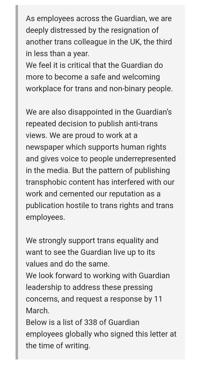 Here is the full text of the Guardian staff letter that Suzanne Moore is still getting column inches over as if it was a personal attack on her.