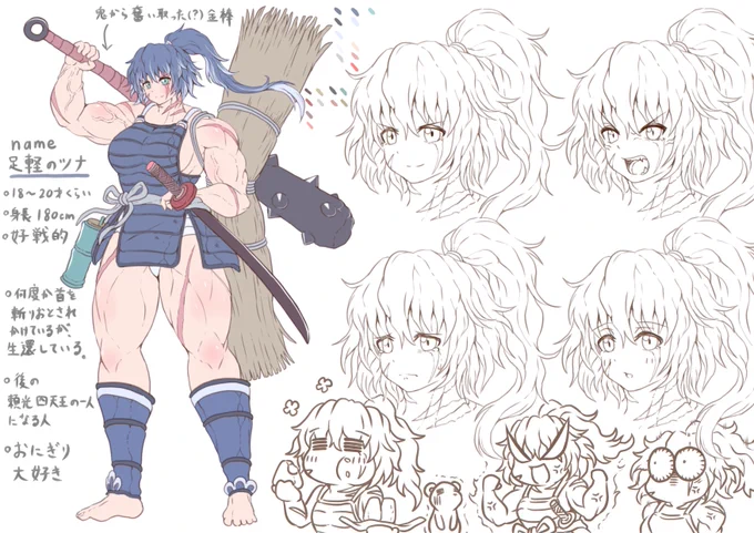 女足軽の設定画です。渡辺綱をイメージして描いてます。 
