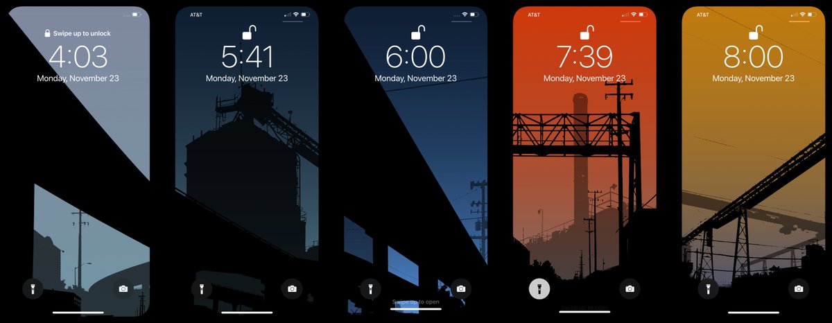 5tu's tweet image. I went a little crazy with setting wallpaper using Shortcuts (iOS 14.3 beta 3). Every half hour, my phone generates a new random composition from these industrial cityscape photos I took around the East Bay. This makes me immeasurably happy.