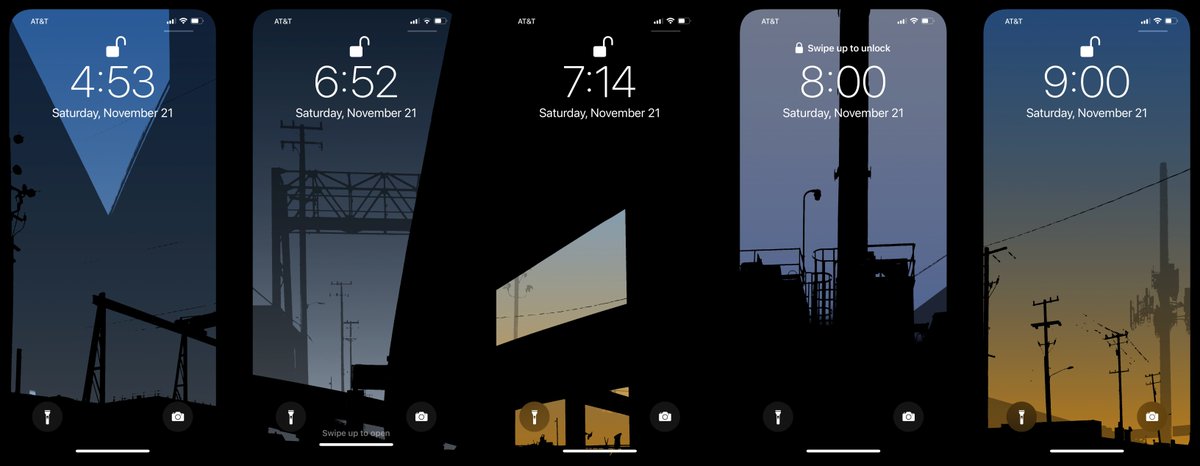 5tu's tweet image. I went a little crazy with setting wallpaper using Shortcuts (iOS 14.3 beta 3). Every half hour, my phone generates a new random composition from these industrial cityscape photos I took around the East Bay. This makes me immeasurably happy.