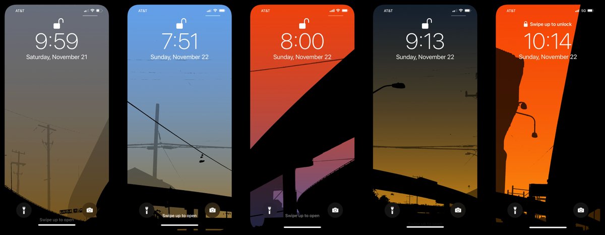 5tu's tweet image. I went a little crazy with setting wallpaper using Shortcuts (iOS 14.3 beta 3). Every half hour, my phone generates a new random composition from these industrial cityscape photos I took around the East Bay. This makes me immeasurably happy.
