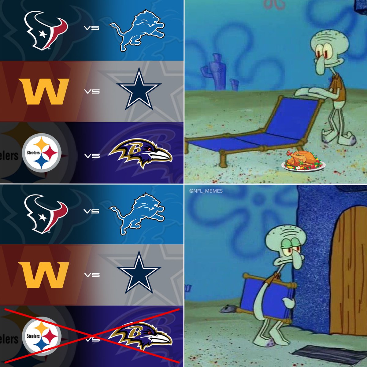 NFLMemes's tweet image. This year’s Thanksgiving slate is now absolute trash 😐
