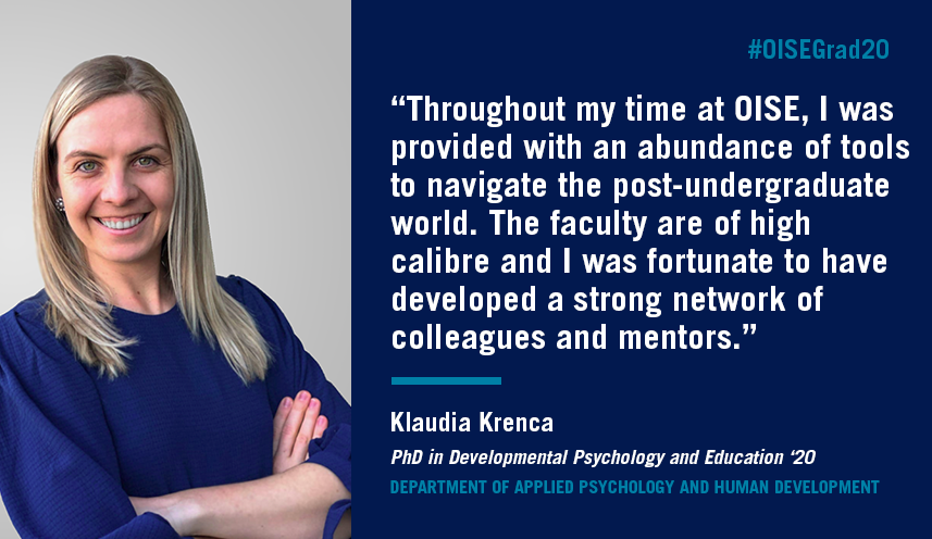 #OISEGrad20: Meet Dr. Krenca, who just completed her PhD in Developmental Psychology and Education and is now part of the Language and Literacy Lab at Dalhousie University as a Donald Hill Postdoctoral Fellow! Read more: bit.ly/33hvgSE #UofTGrad20 <a href="/DalhousieU/">Dalhousie University</a>
