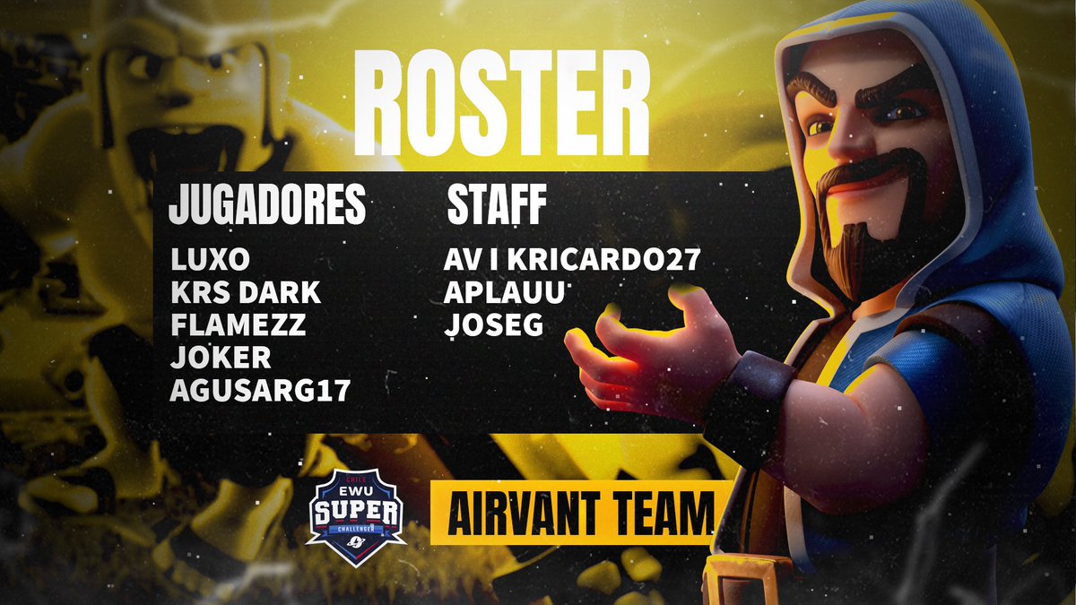 #ClashRoyale 
Tenemos el placer de anunciar a nuestros guerreros que nos estarán representado en la <a href="/EWUGamingMobile/">EWU⚡️Gaming</a>🏆Iremos con todo a demostrar nuestra Valentía, Fuerza &amp; Coraje🐯🔥

<a href="/LuxooPaii/">Luis Jesú</a> 
<a href="/Darkyoutube5/">........</a> 
@FlaMeZsKinG 
<a href="/joker_cr1/">♠️JOKER♥️</a> 
<a href="/VxAgustin1234/">AgusARG17</a> 

#WeAreAV #LosTigres 🐯