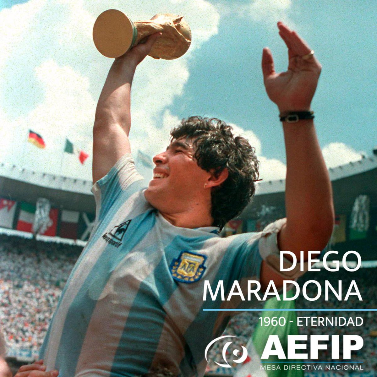 Al guerrero, al D10S, al argentino que salió del pueblo y siguió siendo pueblo en cada momento de su vida al hombre que tanta felicidad le dio a nuestra Patria. Por siempre DIEGO!