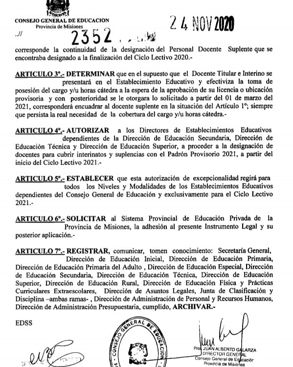 Compartimos Resolución CGE 2352/20 Continuidad Laboral ciclo lectivo 2021 Docentes Suplentes. 

<a href="/jalbertogalarza/">Juan Alberto Galarza</a> <a href="/misioneseduca/">Educación Misiones</a> 

👇