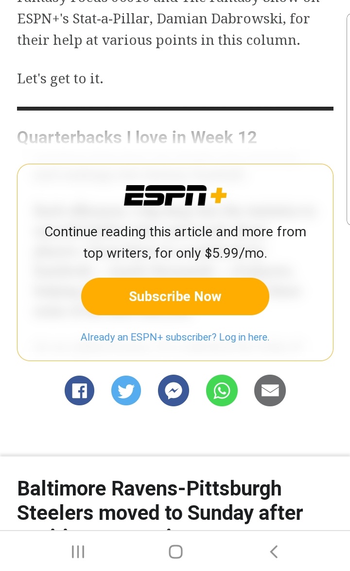 @ESPNFantasy @espn @MatthewBerryTMR
Its #Sad. I used to be a BIG #ESPN #FantasyFootball follower... But it seems like EVERY TIME I start reading something #ESPN #fantasy related, I get hit w/ "Subscribe Now" #ESPNPlus" to continue reading (Its WHY I switched to @YahooFantasy) https://t.co/2q3HQbezZr
