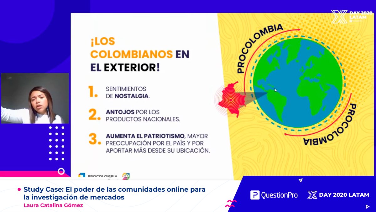 questionpro_es's tweet photo. Seguimos en el #XDAYLATAM2020. Laura Gómez nos platica de “Ojos en el Mundo”, la primera comunidad online que reúne a colombianos que viven en el extranjero y que quieren aportar algo a su país a través de la recolección de información. https://t.co/wISMXI18uY