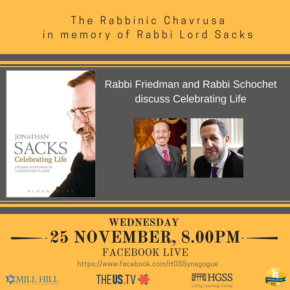 Join @RabbiYYS and @FriedmanRabbi as they pay tribute tonight to Rabbi Lord Jonathan Sacks z'l discussing his book 'Celebrating Life.' Watch it live 8.00 tonight at facebook.com/groups/millhil…