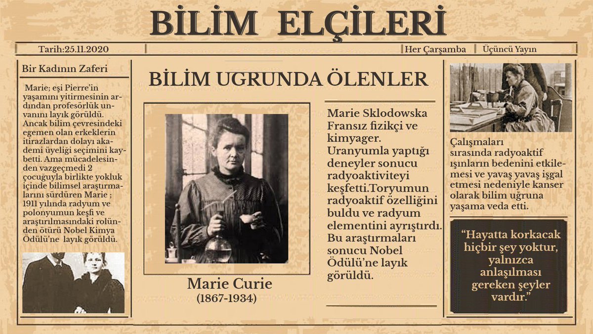 bilimelcileri_'s tweet photo. Bilim Uğrunda Ölenler serisinde bugün; radyoaktivite alanında öncü araştırmalar yapmış ve bu araştırmaları sonucu Nobel Ödülü'ne layık görülmüş Fransız fizikçi ve kimyager Marie Curie'nin yaşamı ile sizlerleyiz. 💊

#BilimElçileri
#BilimUğrundaÖlenler
#Kimyager 
#MarieCurie https://t.co/b7DCoutuu4