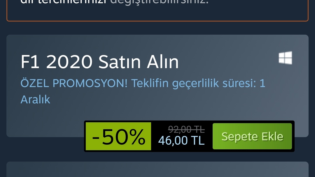 📌 Steam indirim dönemi başladı!
☑️ F1 2020 oyunu %50 indirim ile 46 TL'ye düştü. https://t.co/OMttCigFty