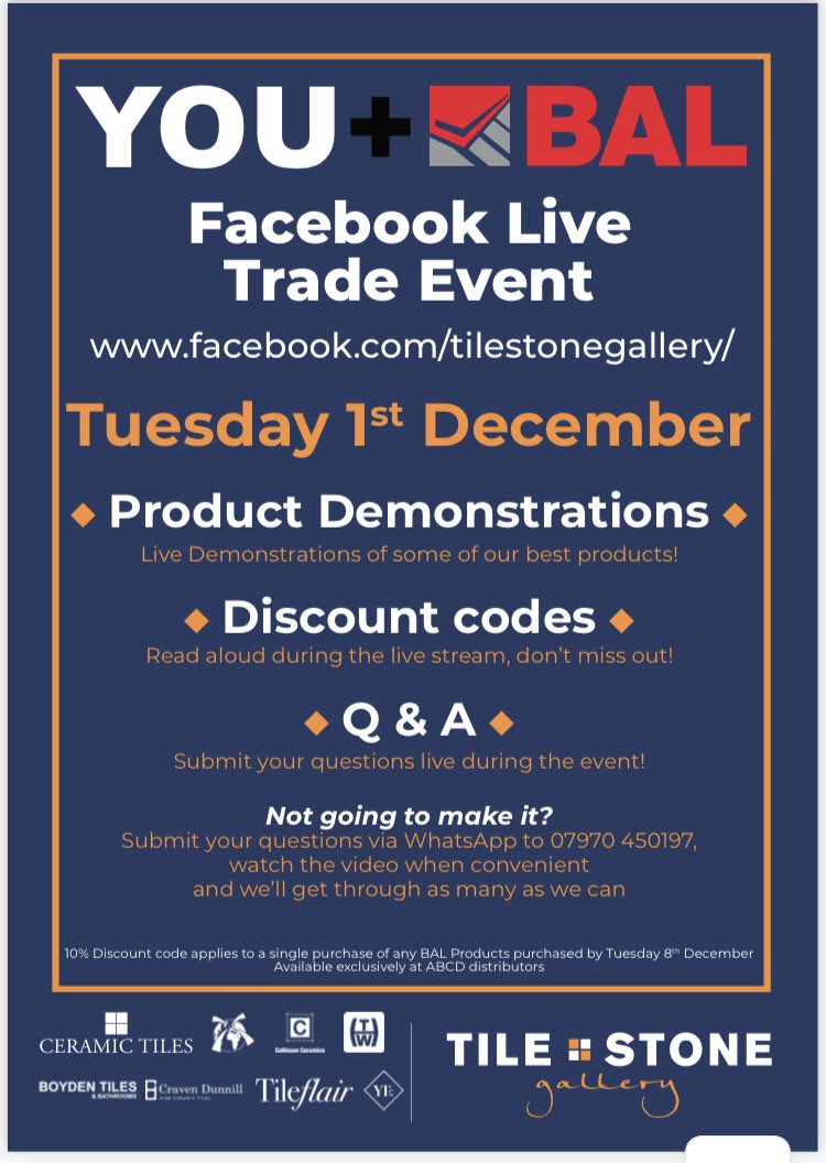 BAL_CarlC's tweet photo. Tiler’s across the Uk @BALtiling are doing a Live Trade event on Tuesday 1st December  from 4:30pm so watch live and get an exclusive code To be used at @CeramicTiles_ @cravendunnill @boyden_tiles @Collinson_ltd @EuxtonTile @tileflair @TileSourceTrade @ytctiles saving you ££ 👍👍 https://t.co/A7hEZeJbo0