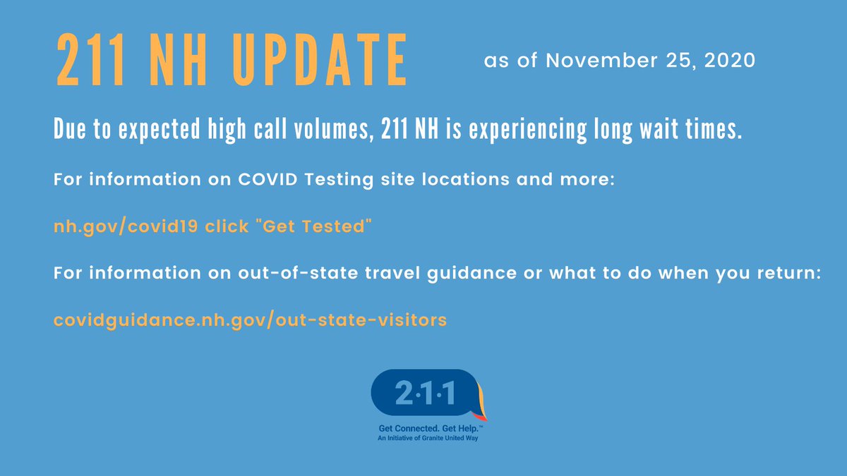 RT <a href="/graniteuwnh/">Granite United Way</a>: 211 NH is experiencing long wait times. If you have questions about COVID or travel restrictions, please see below.
✅For info on COVID testing site locations:
nh.gov/covid19 click "Get Tested"
✅For info on out-of-state travel: covidguidance.nh.gov/out-state-visi…