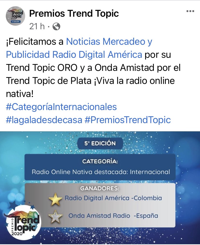 ramiroparias's tweet image. ¡Felicitamos a Noticias Mercadeo y Publicidad Radio Digital América por su Trend Topic ORO y a Onda Amistad por el Trend Topic de Plata ¡Viva la radio online nativa! #CategoríaInternacionales #lagaladesdecasa #PremiosTrendTopic Gracias amigos por ser parte